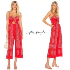 Free People Feel The Sun Red Pink Bandana Print Cropped Jumpsuit